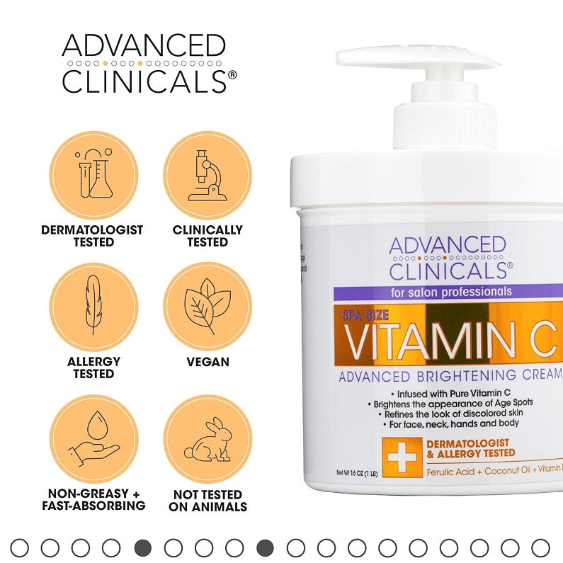 Advanced Clinicals Vitamin C brightening cream jar with pump, vegan and tested icons