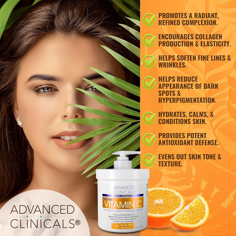 Vitamin C brightening cream jar with pump beside orange slices