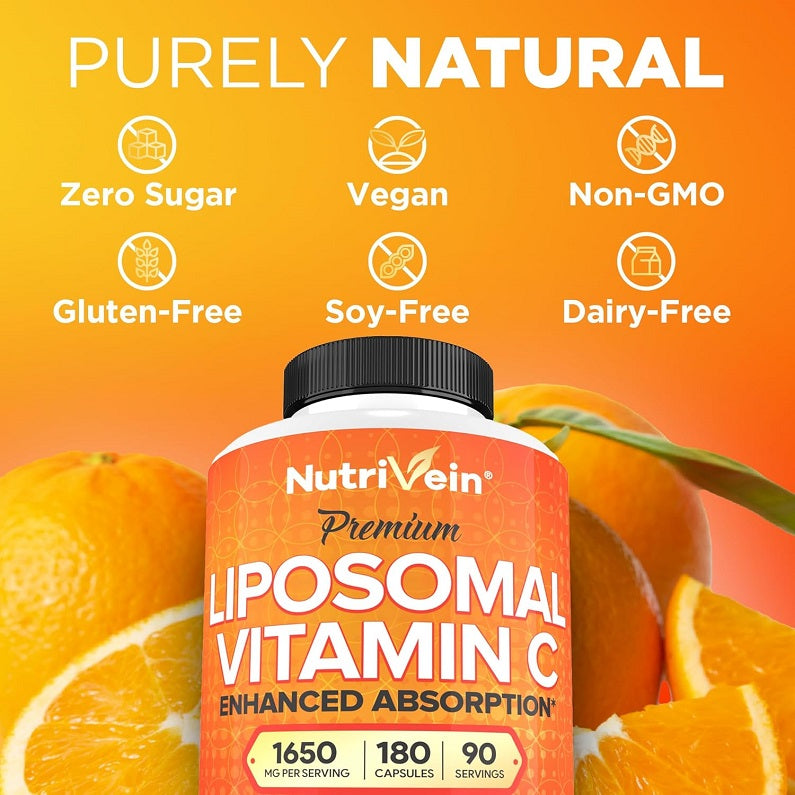 Orange liposomal vitamin C supplement bottle with black cap, front label with servings info