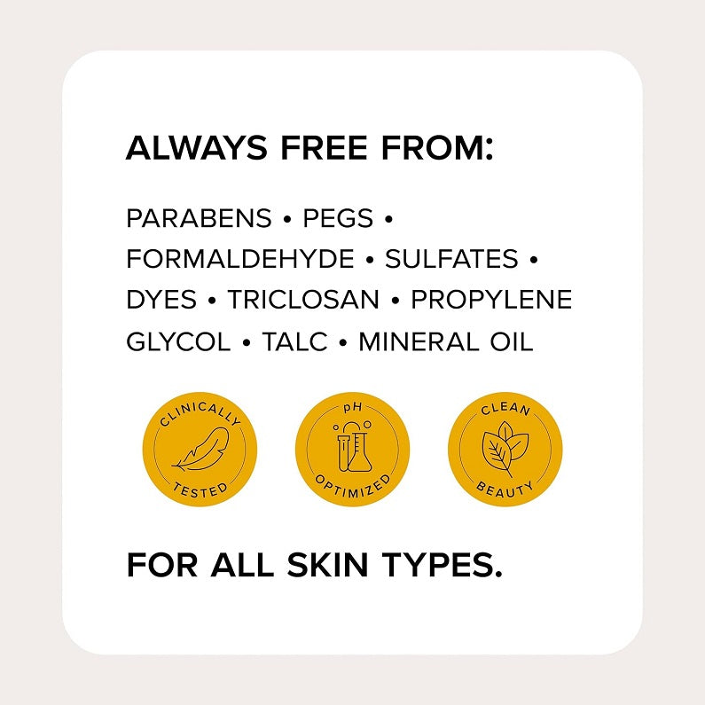 Free-from card: paraben, PEG, formaldehyde, sulfate, dye, triclosan, mineral oil-free