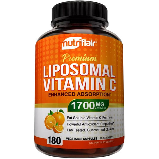 NutriFlair liposomal Vitamin C supplement bottle, 1700 mg, 180 capsules