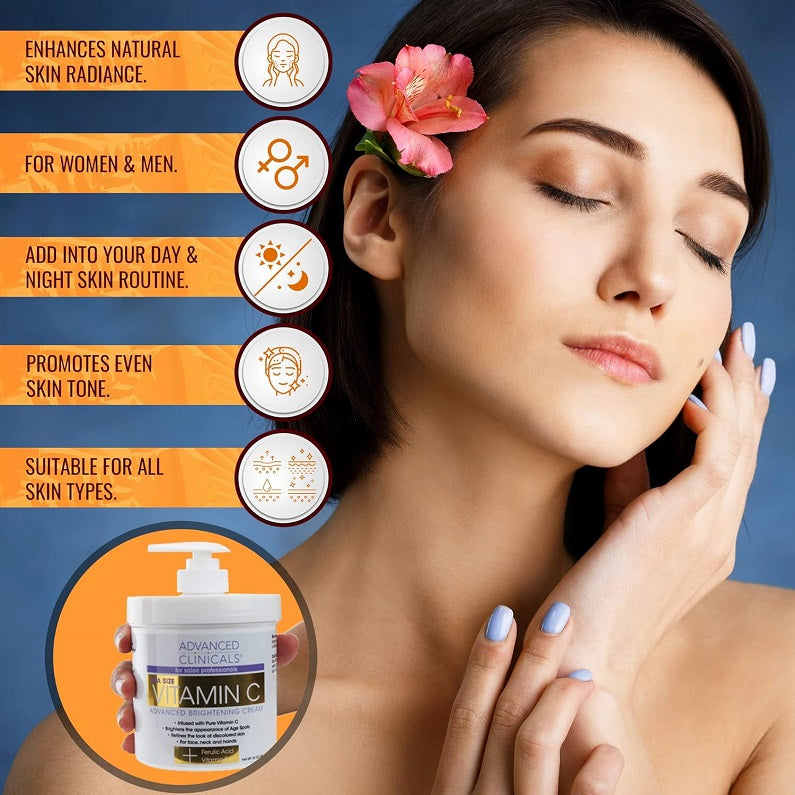 Vitamin C brightening cream jar with white pump, small inset view
