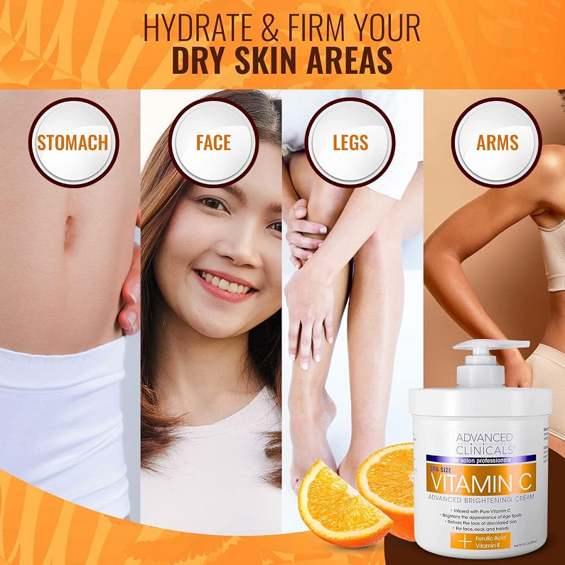 Vitamin C brightening cream jar with pump next to orange slice