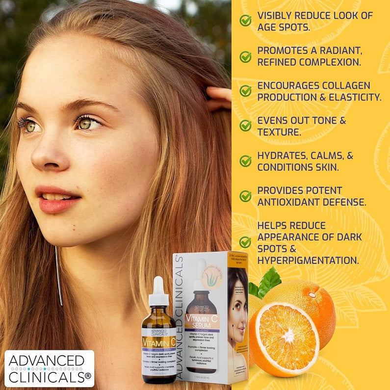 Vitamin C serum bottle and box with woman face and orange graphic