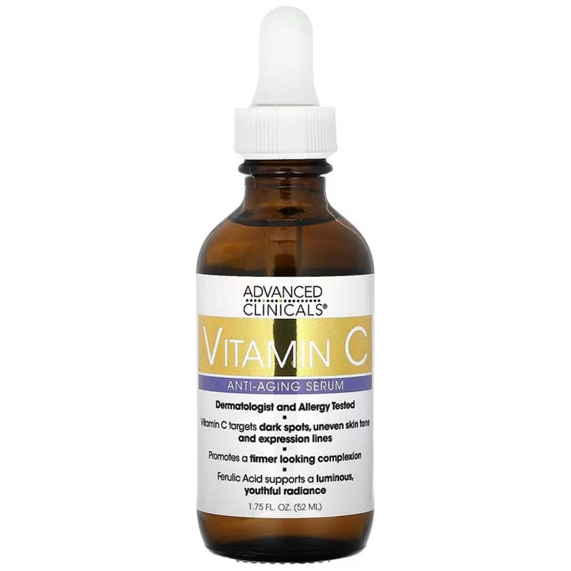 Vitamin C anti-aging serum in amber glass bottle with white dropper cap
