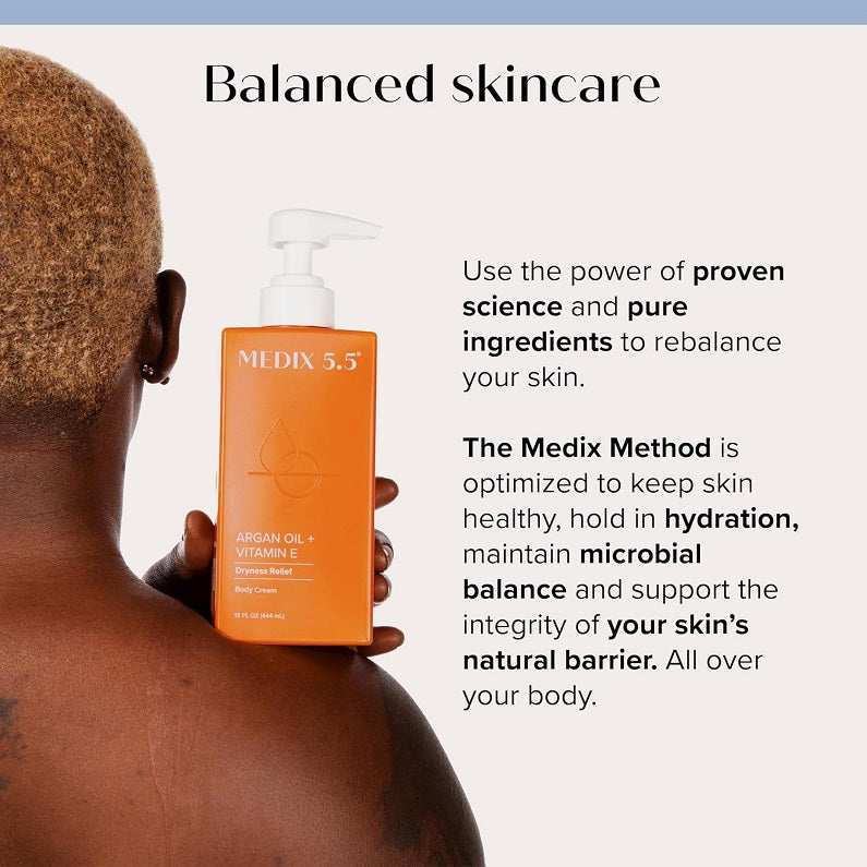 MEDIX 5.5 argan oil + vitamin E body cream bottle held near the neck