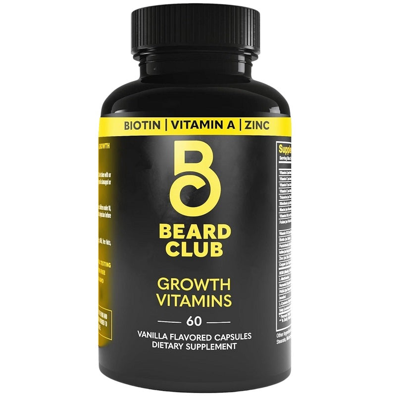 The Beard Club black growth vitamins bottle with biotin vitamin A zinc label