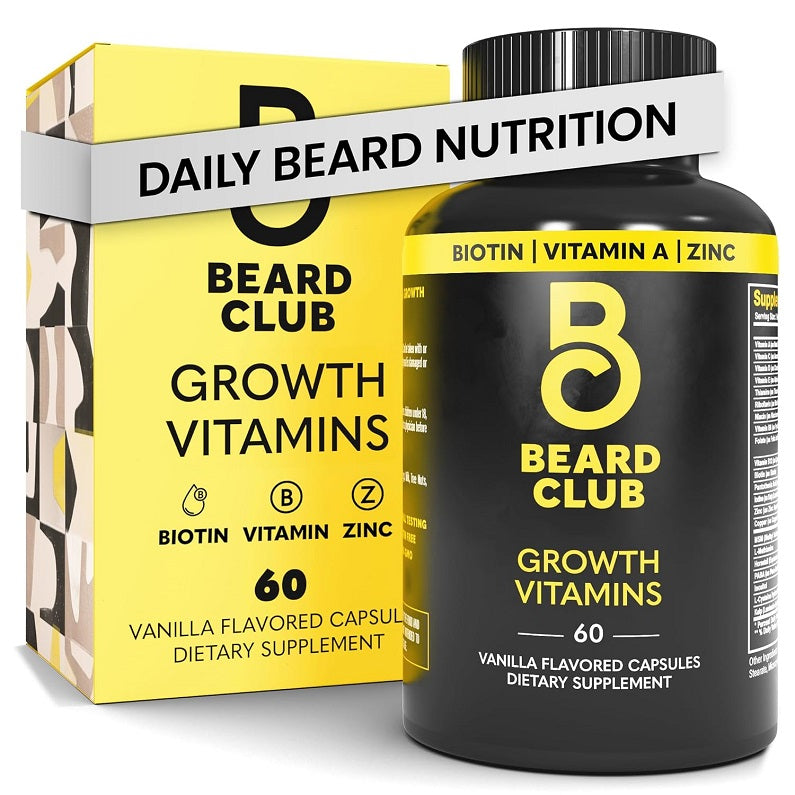 The Beard Club black growth vitamins bottle with matching yellow product box