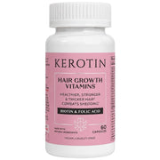 Kerotin hair growth vitamins bottle close-up, pink label with biotin and folic acid