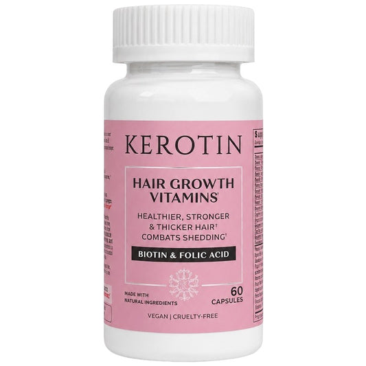 Kerotin hair growth vitamins bottle close-up, pink label with biotin and folic acid