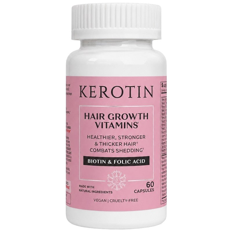 Kerotin hair growth vitamins bottle close-up, pink label with biotin and folic acid