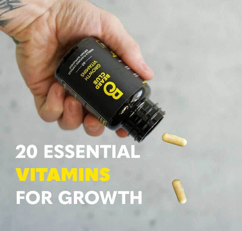 The Beard Club growth vitamins bottle held with yellow capsules; 20 essential vitamins