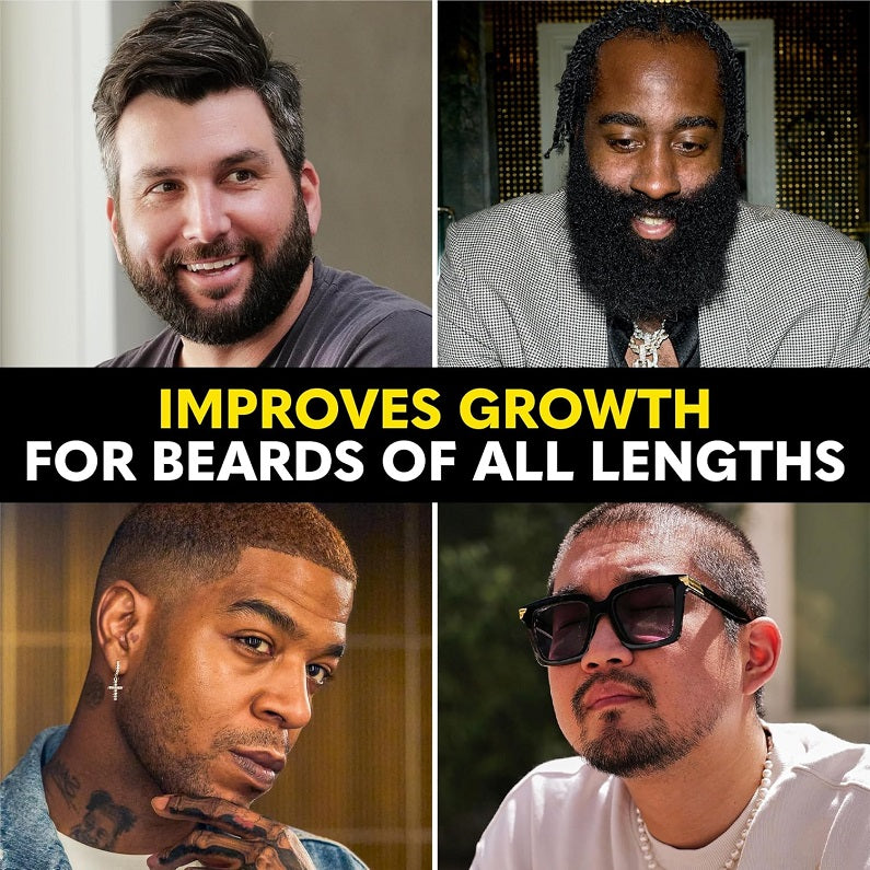Beard growth vitamins promotional collage with four men showing beards