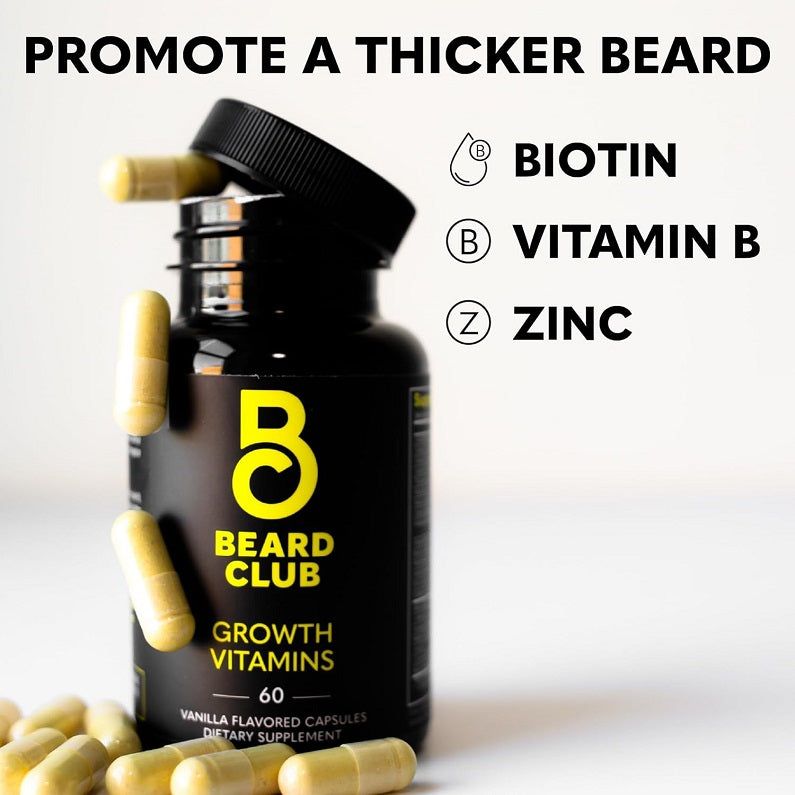 The Beard Club growth vitamins bottle with floating capsules; biotin, vitamin B, zinc