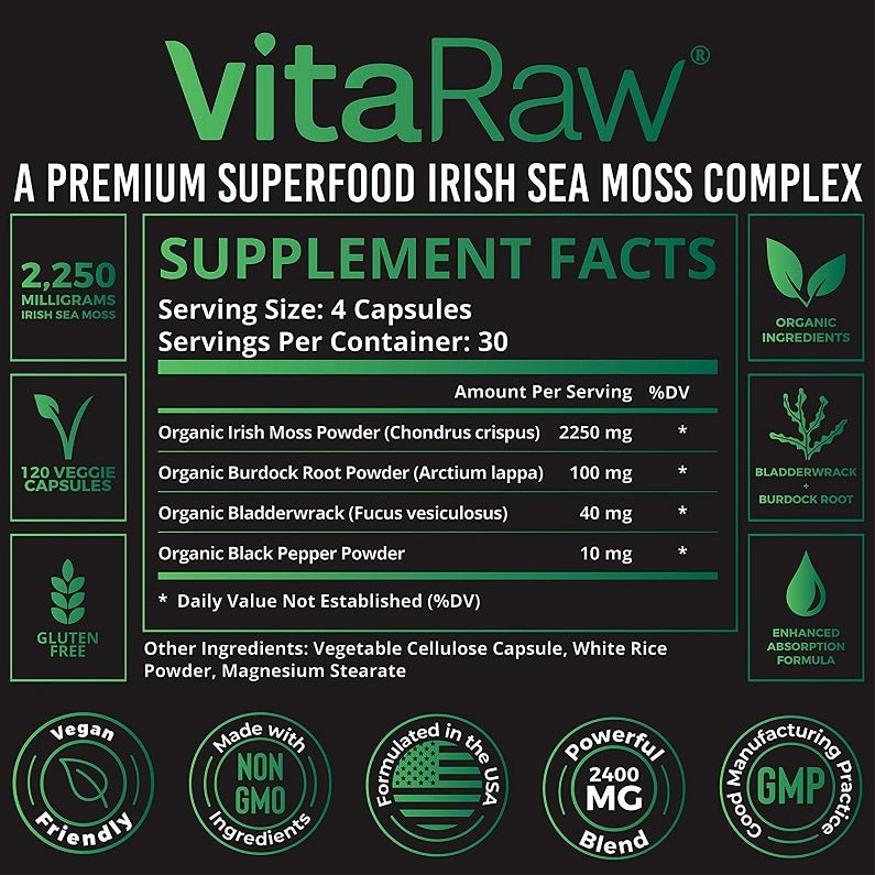 Organic Irish sea moss complex supplement facts label for 2400mg capsules