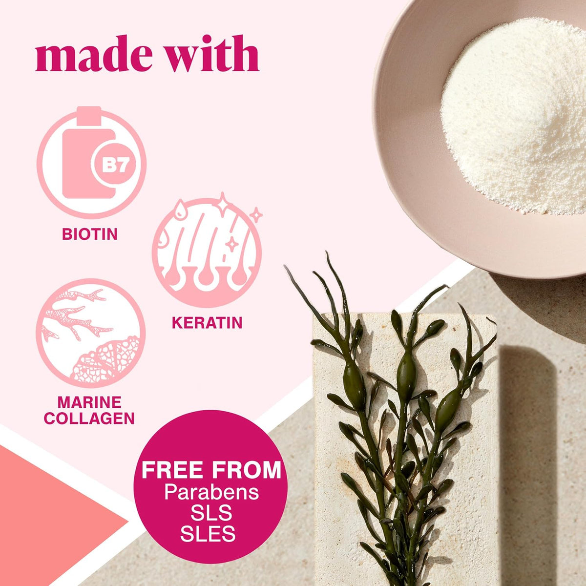 Biotin and keratin ingredient icons with white powder in a bowl