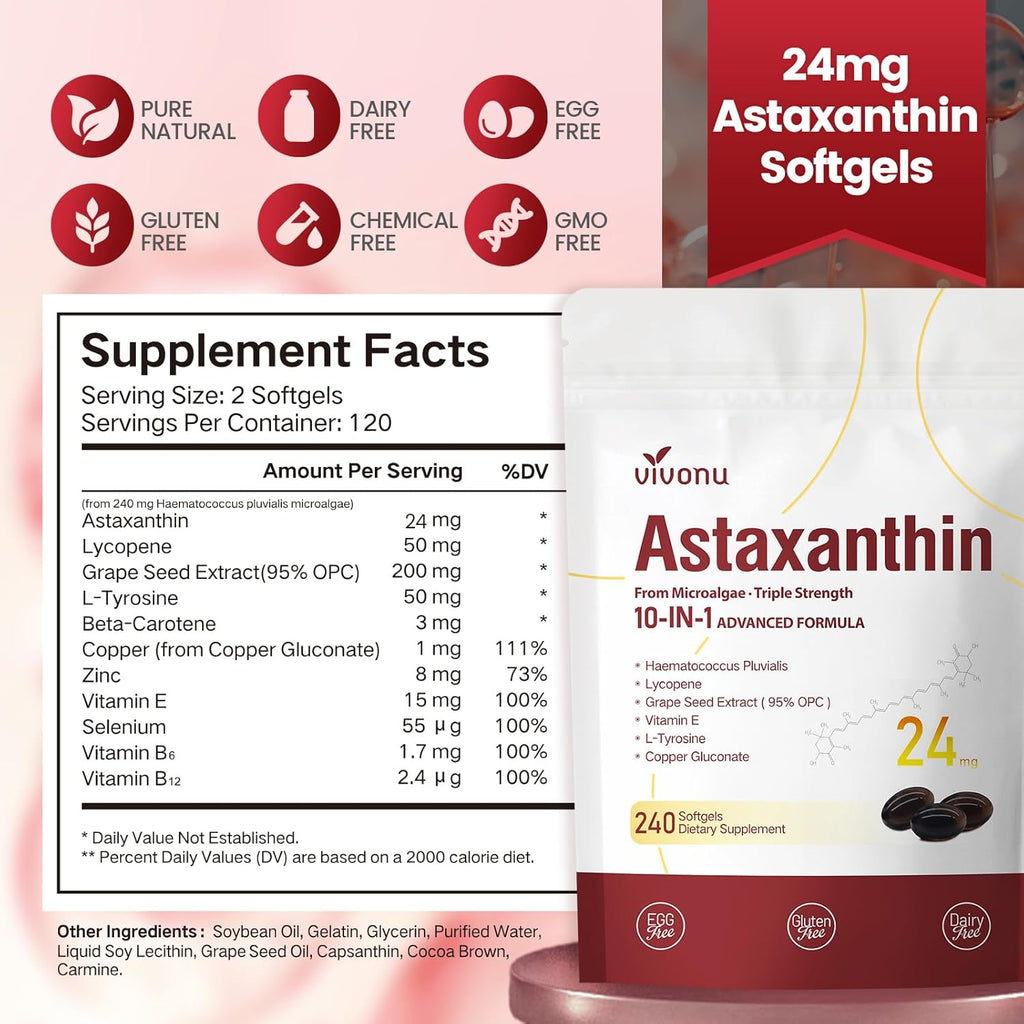 Astaxanthin supplement box with Supplement Facts panel and VivoNu softgel bottle.