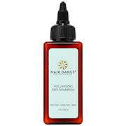 Amber volumizing dry shampoo bottle with black dropper cap, front label