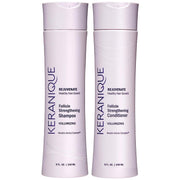 Keranique volumizing shampoo and conditioner bottles, lavender, two-pack.