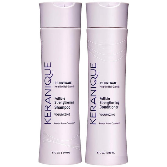 Keranique volumizing shampoo and conditioner bottles, lavender, two-pack.