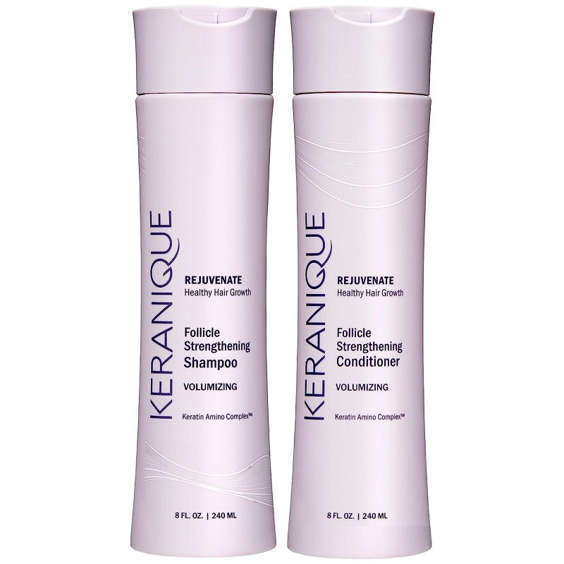 Keranique volumizing shampoo and conditioner bottles, lavender, two-pack.