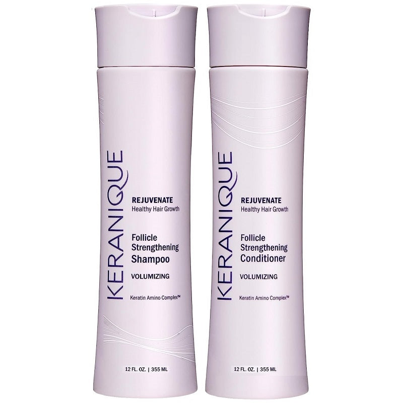 Keranique volumizing follicle strengthening shampoo and conditioner bottles, 12 fl oz.