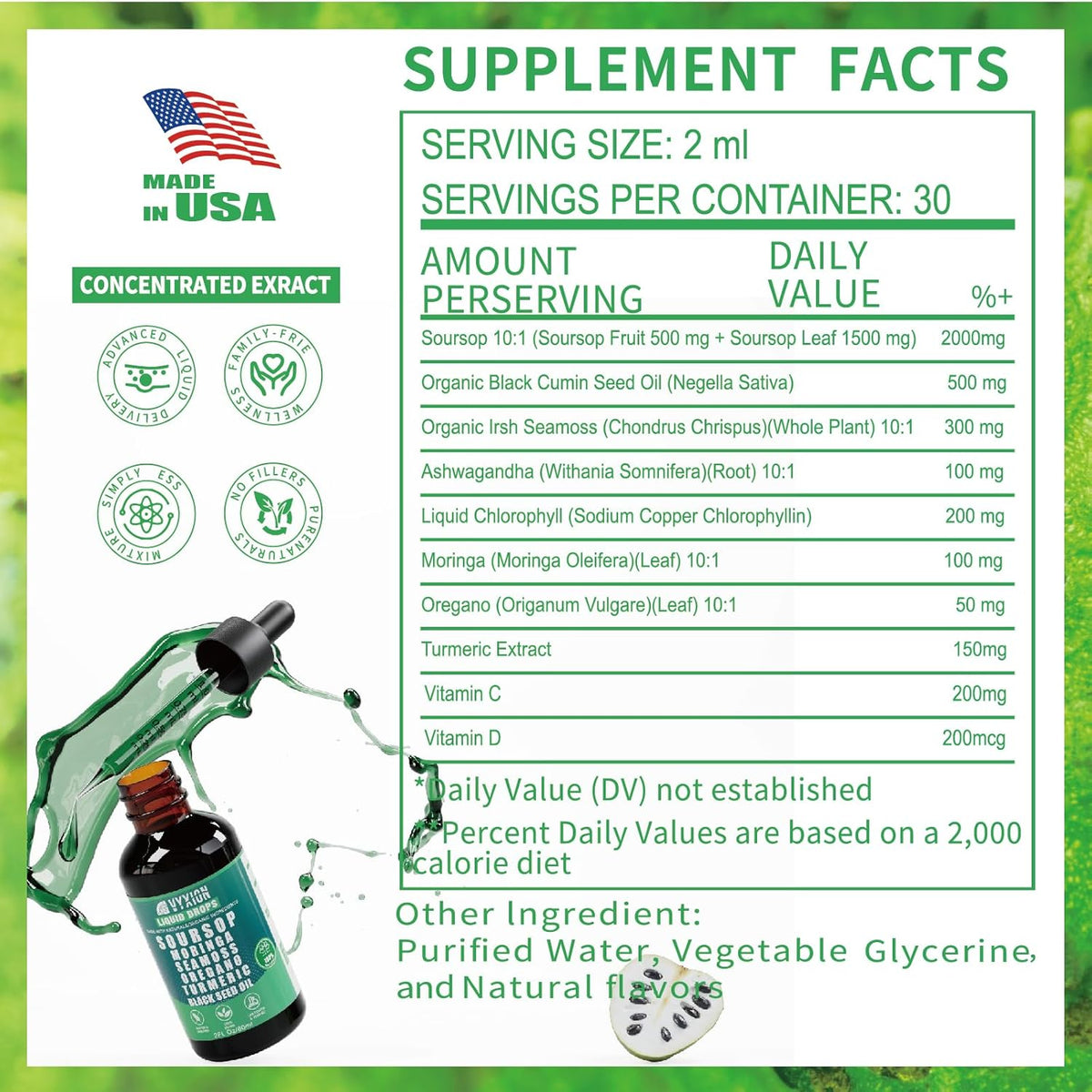 Vyxion soursop liquid drops bottle with supplement facts label, 60 ml