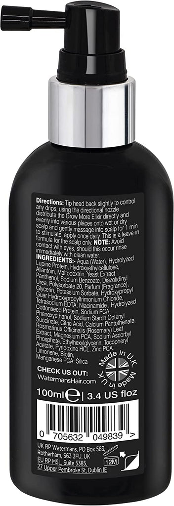 Watermans Grow More scalp elixir bottle with black pump, 100 ml
