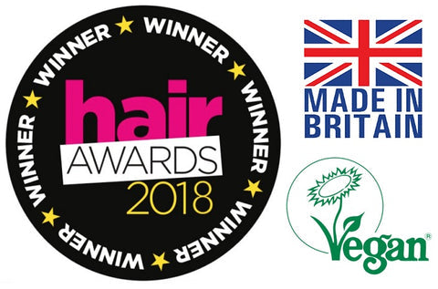 Watermans shampoo label with Hair Awards 2018, made in Britain, vegan badge