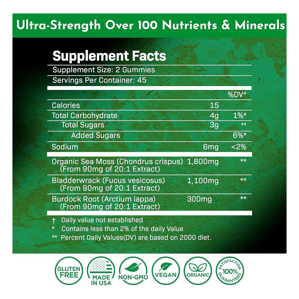 Supplement facts label for Organic Sea Moss Gummies, 45 servings per container