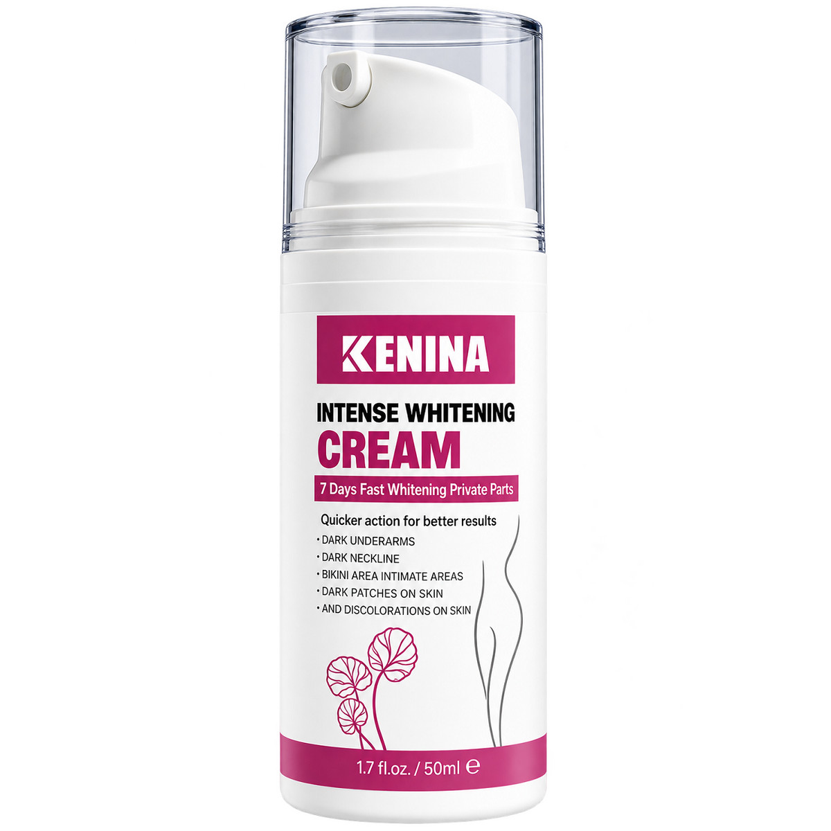 Intense whitening cream bottle with clear cap, white and magenta KENINA label.