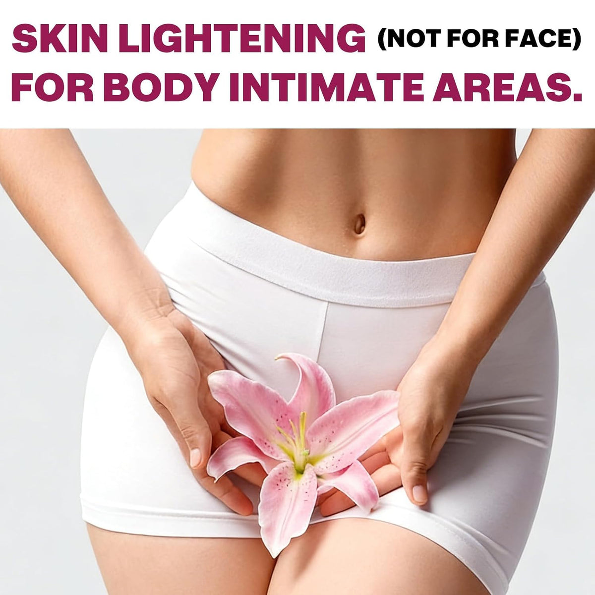Skin lightening cream applied to body intimate areas on a model with a pink lily.