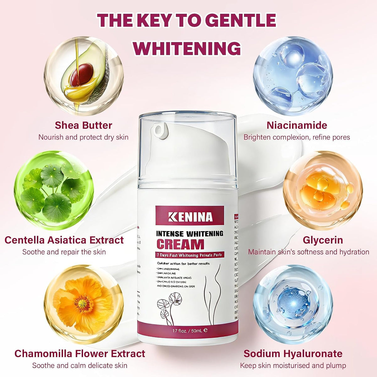 KENINA intense whitening cream bottle with ingredient icons around the product.