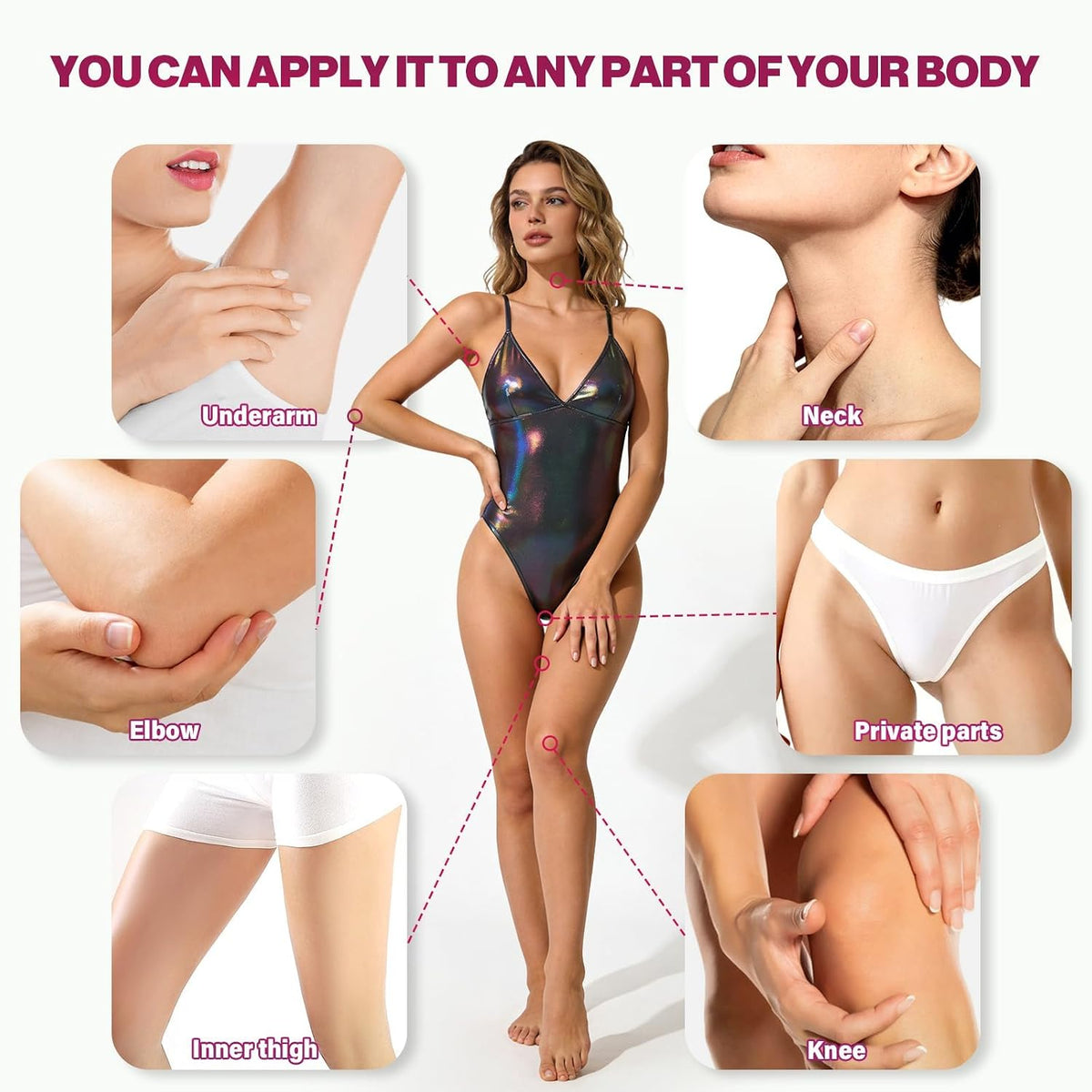 Skin lightening cream shown on a model across multiple body areas, including neck and knee.