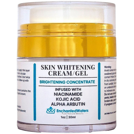 Skin whitening cream jar with amber gel lid; niacinamide, kojic acid, alpha arbutin