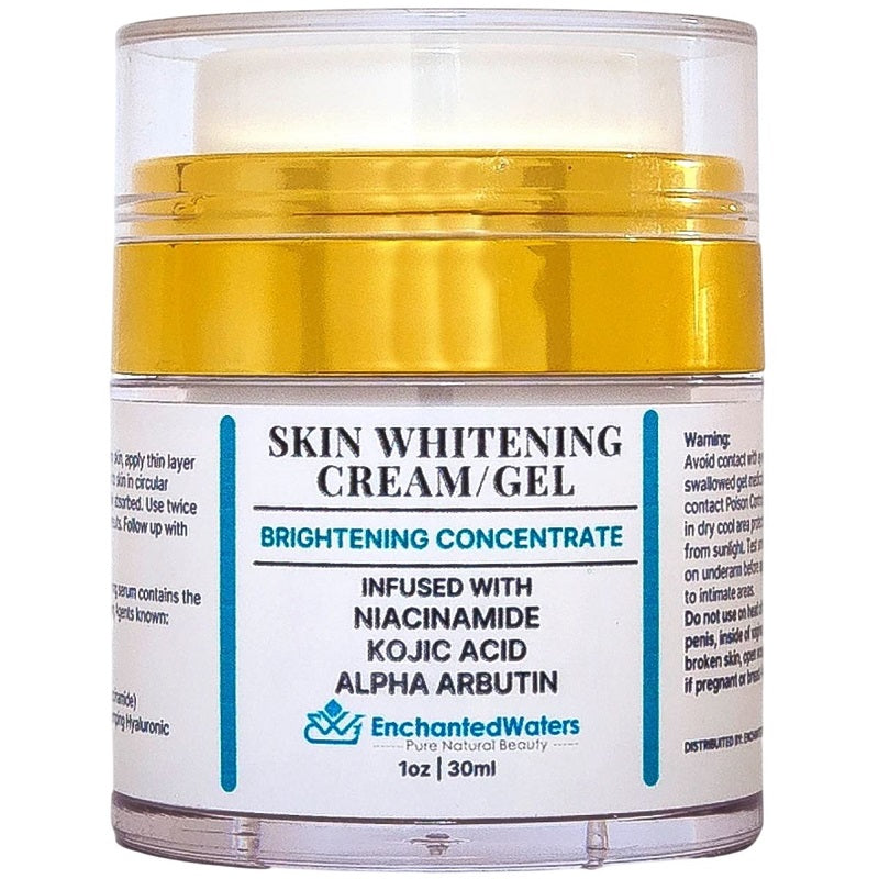 Skin whitening cream jar with amber gel lid; niacinamide, kojic acid, alpha arbutin