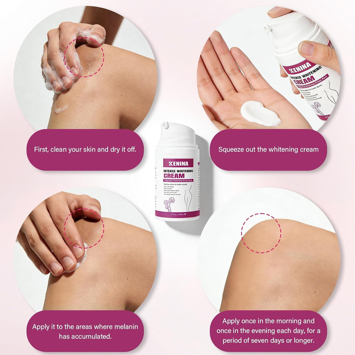 Intense whitening cream bottle with step-by-step application shown on hands and skin.