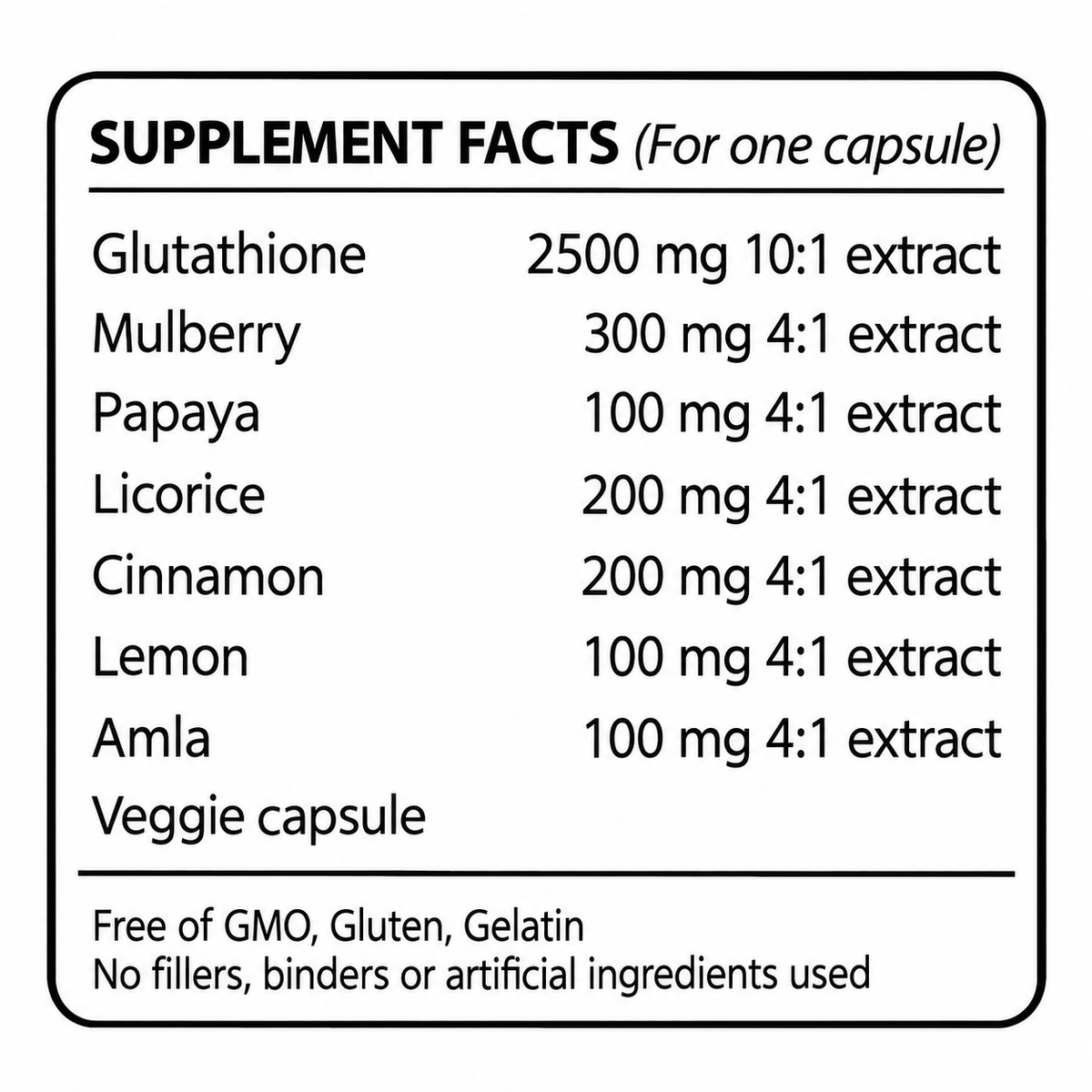 Supplement facts label for Snow White glutathione capsules, one-capsule ingredient list
