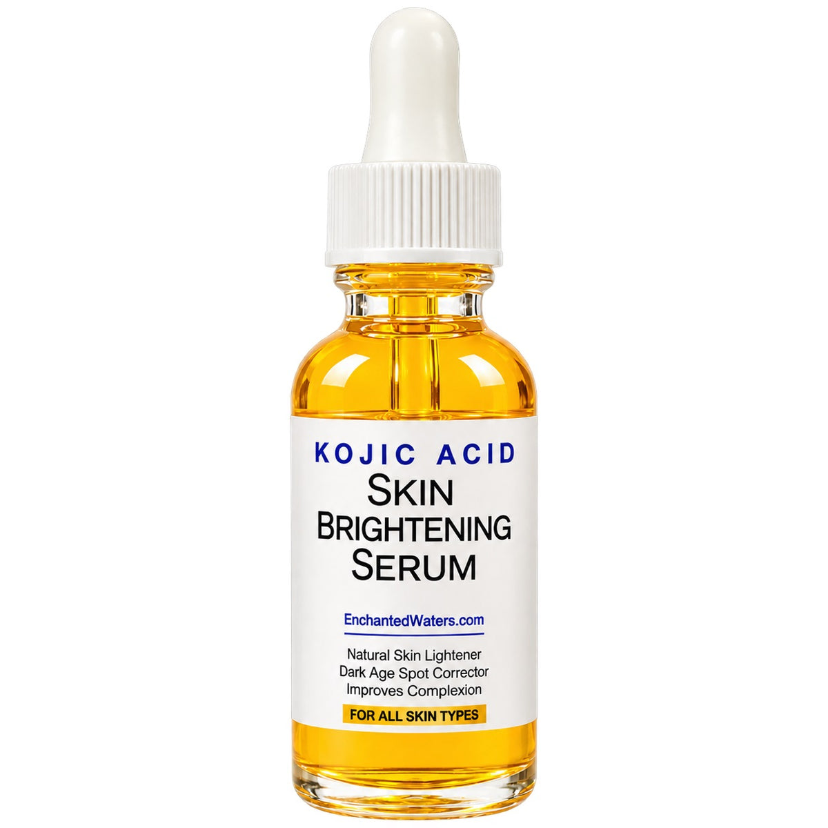 Skin brightening serum bottle with amber liquid and white dropper