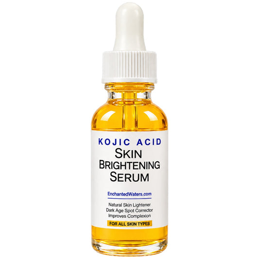 Skin brightening serum bottle with amber liquid and white dropper