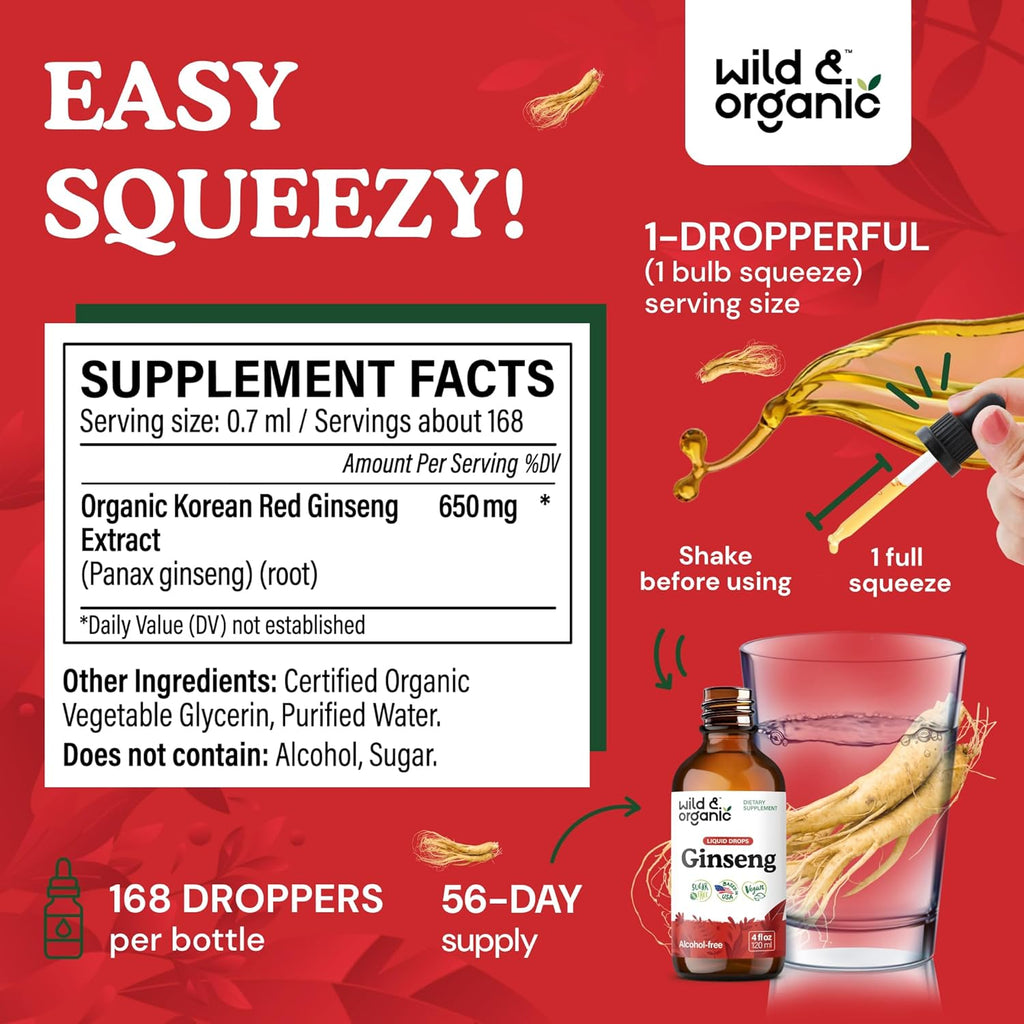 Ginseng liquid drops bottle and supplement facts panel, 120 ml