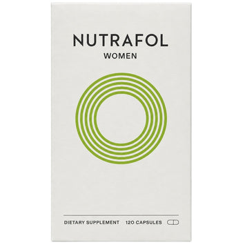 Nutrafol Women dietary supplement box, white with green logo and 120 capsules text