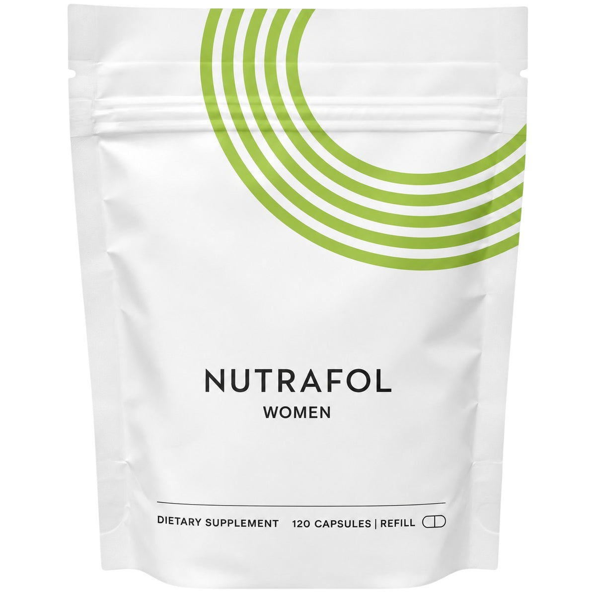 Nutrafol Women resealable pouch, white bag with green circular logo