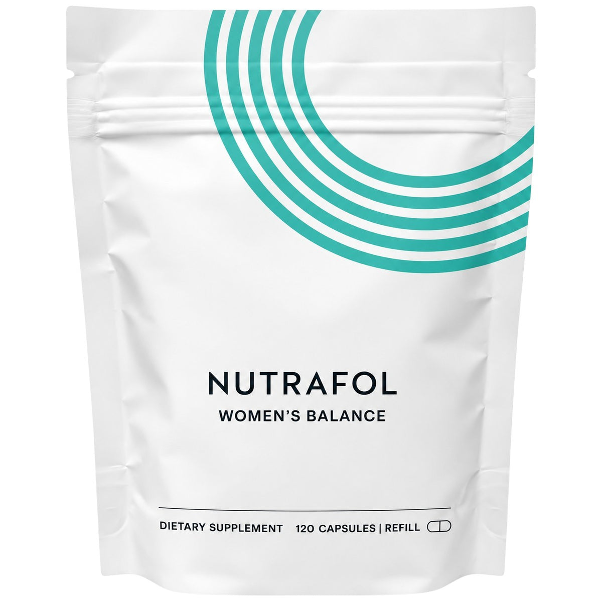 Women’s Balance dietary supplement pouch, white with teal logo and 120 capsules
