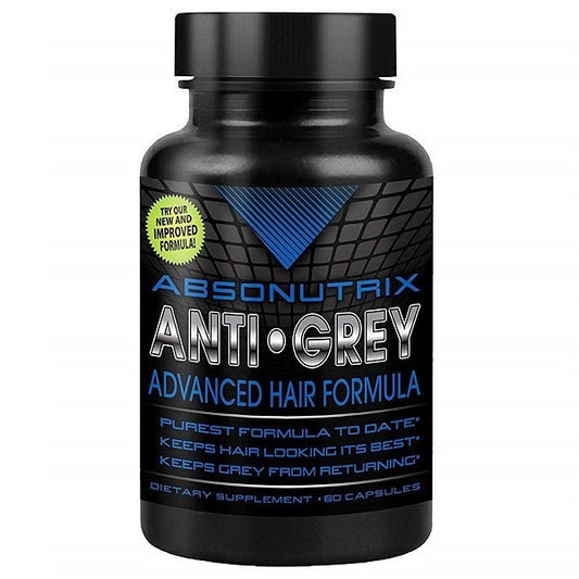 Anti Grey advanced hair formula bottle, black label with blue accents
