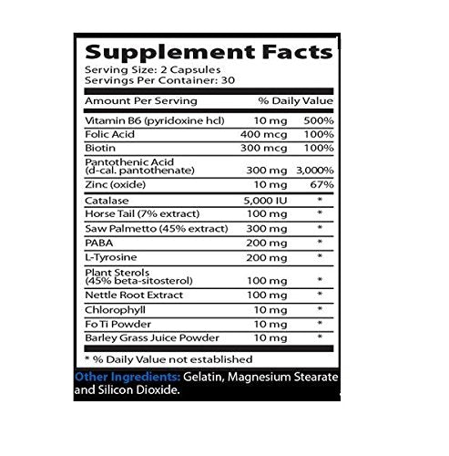 Supplement Facts label for anti-grey hair formula, serving size 2 capsules
