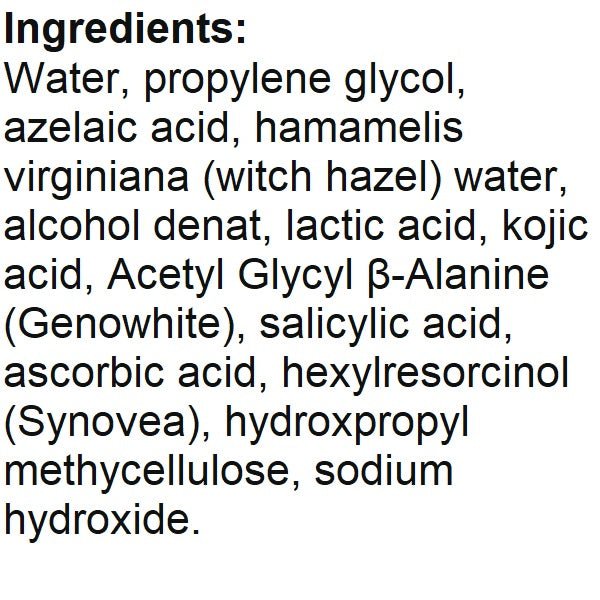 Ingredients list text for brightening serum, including azelaic and salicylic acids