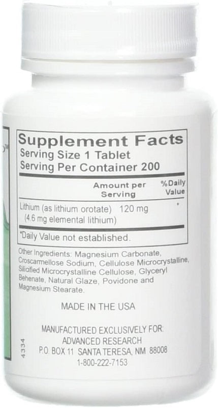 Advanced Research lithium orotate 120 mg supplement facts panel on bottle
