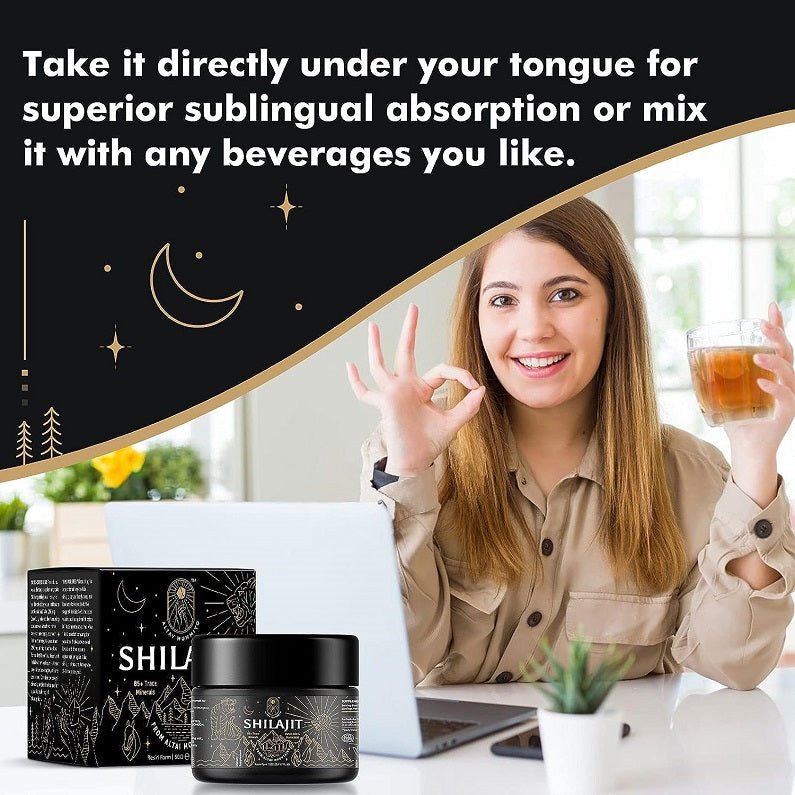 Shilajit resin jar and box shown on desk alongside sublingual use concept