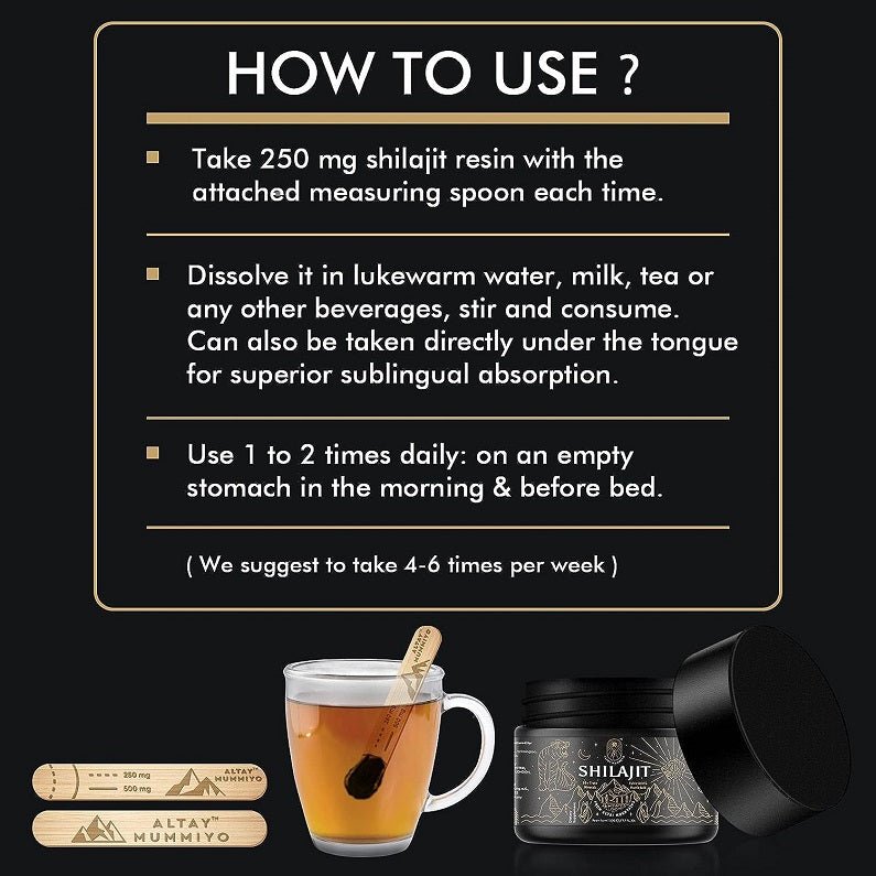 Shilajit resin jar with “How to use” panel and measuring spoon shown